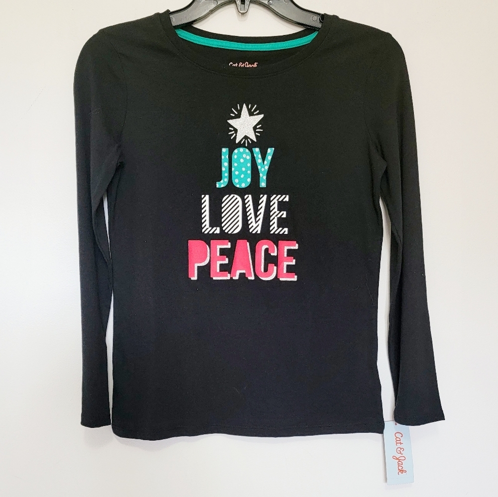 Cat and jack joy love peace holiday tee shirt